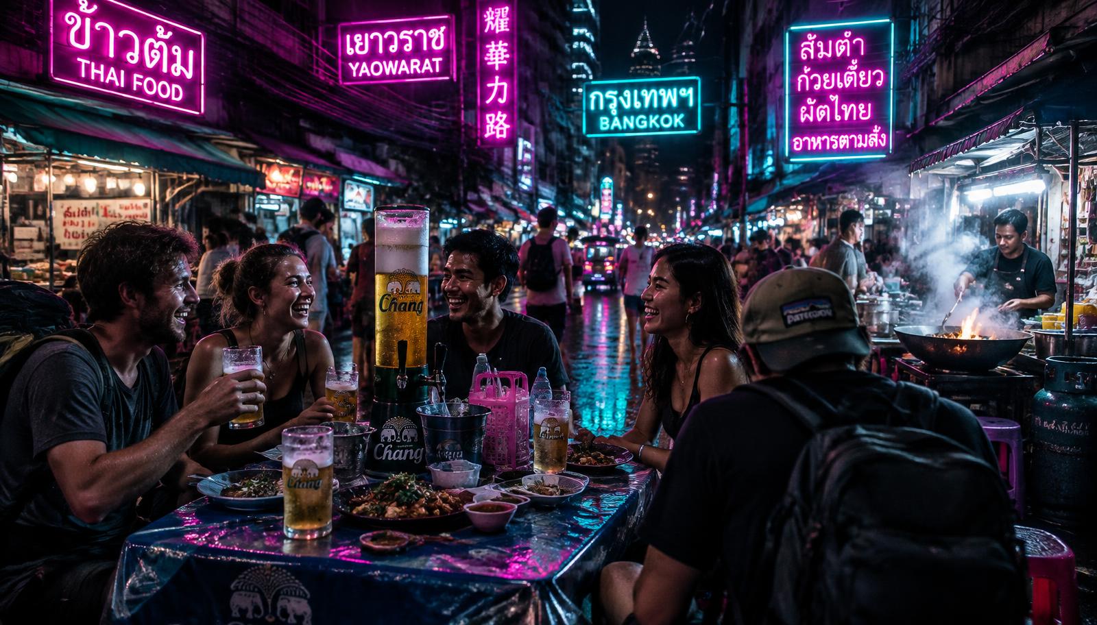 Friends around a street food table in Bangkok at night with a beer tower and cold Thai beers under neon signs