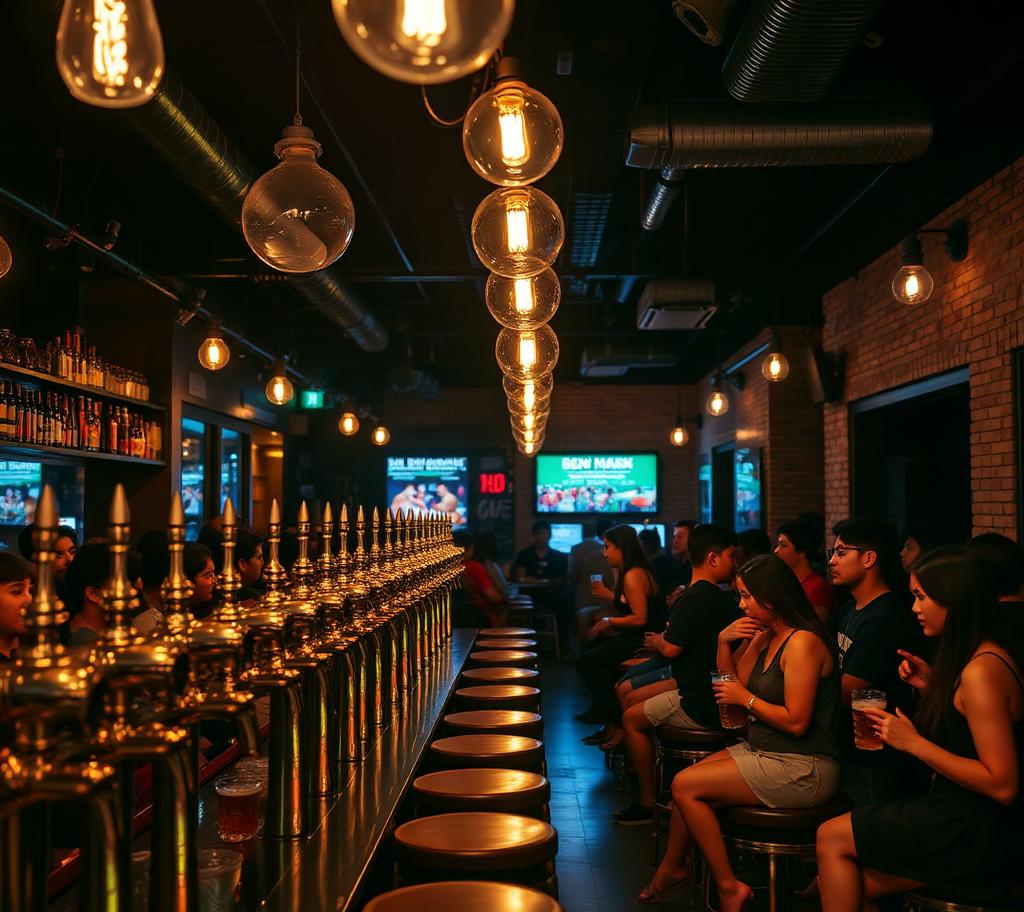 A Bangkok craft beer taproom with a long brass tap wall and a full crowd