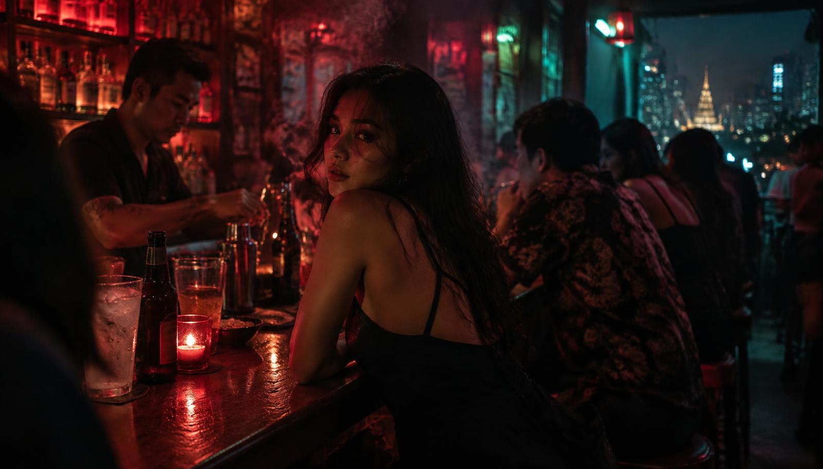 A late-night bar interior in Bangkok in low red and teal light, a small crowd at a narrow wooden bar