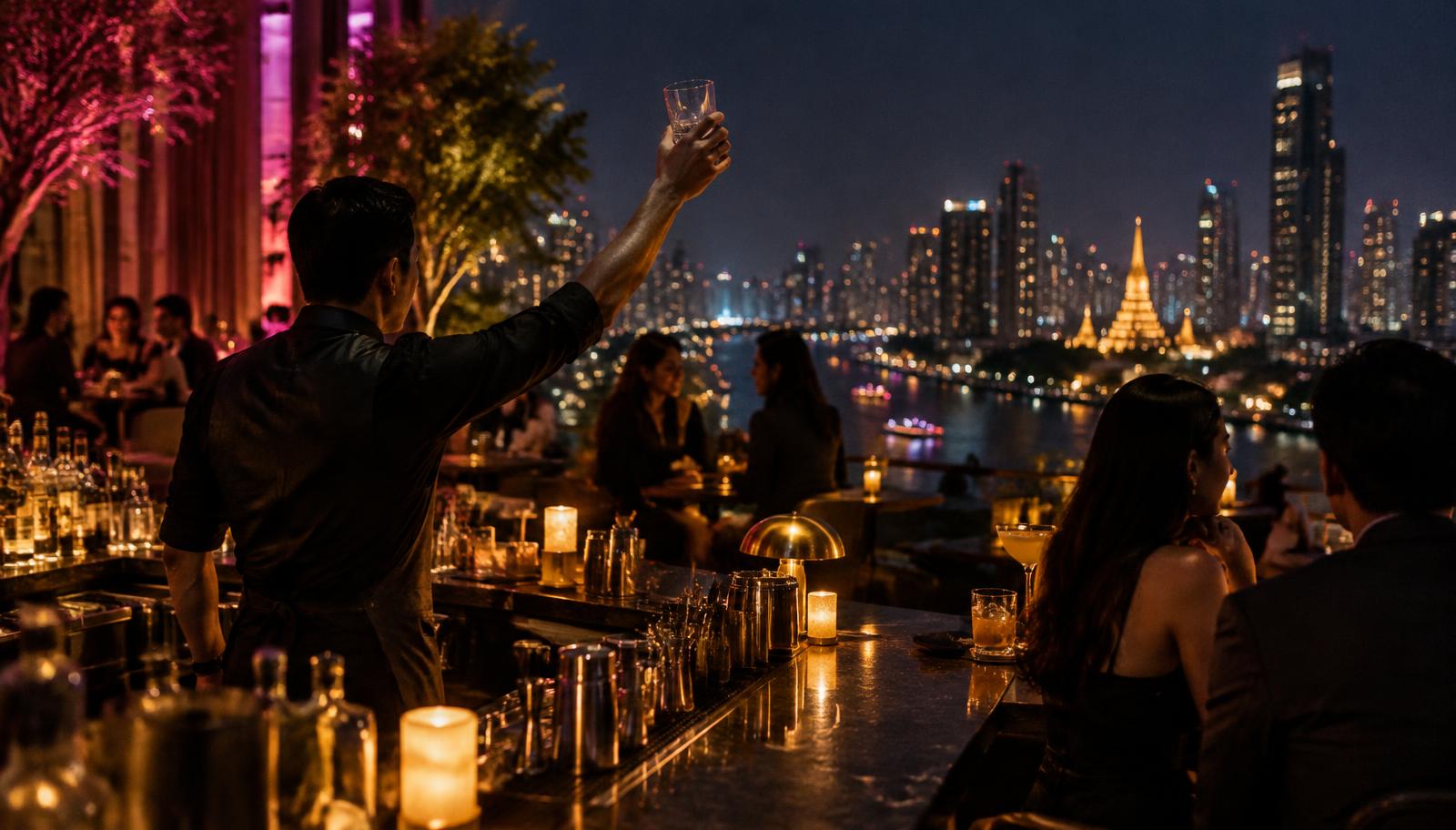 A Bangkok rooftop bar late at night, a bartender signalling last orders against the glowing skyline