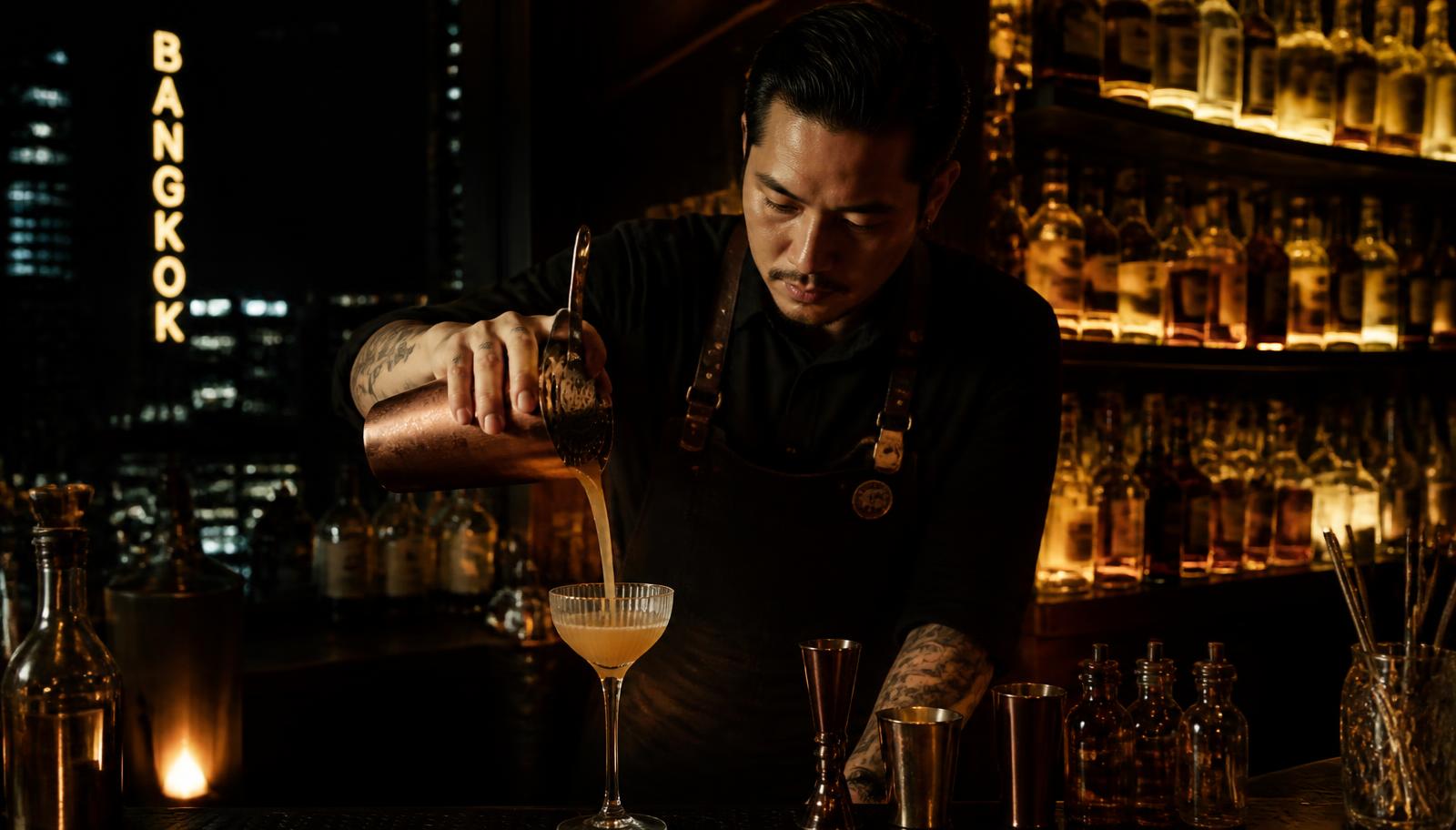 A bartender straining a cocktail in a dark Bangkok bar late at night