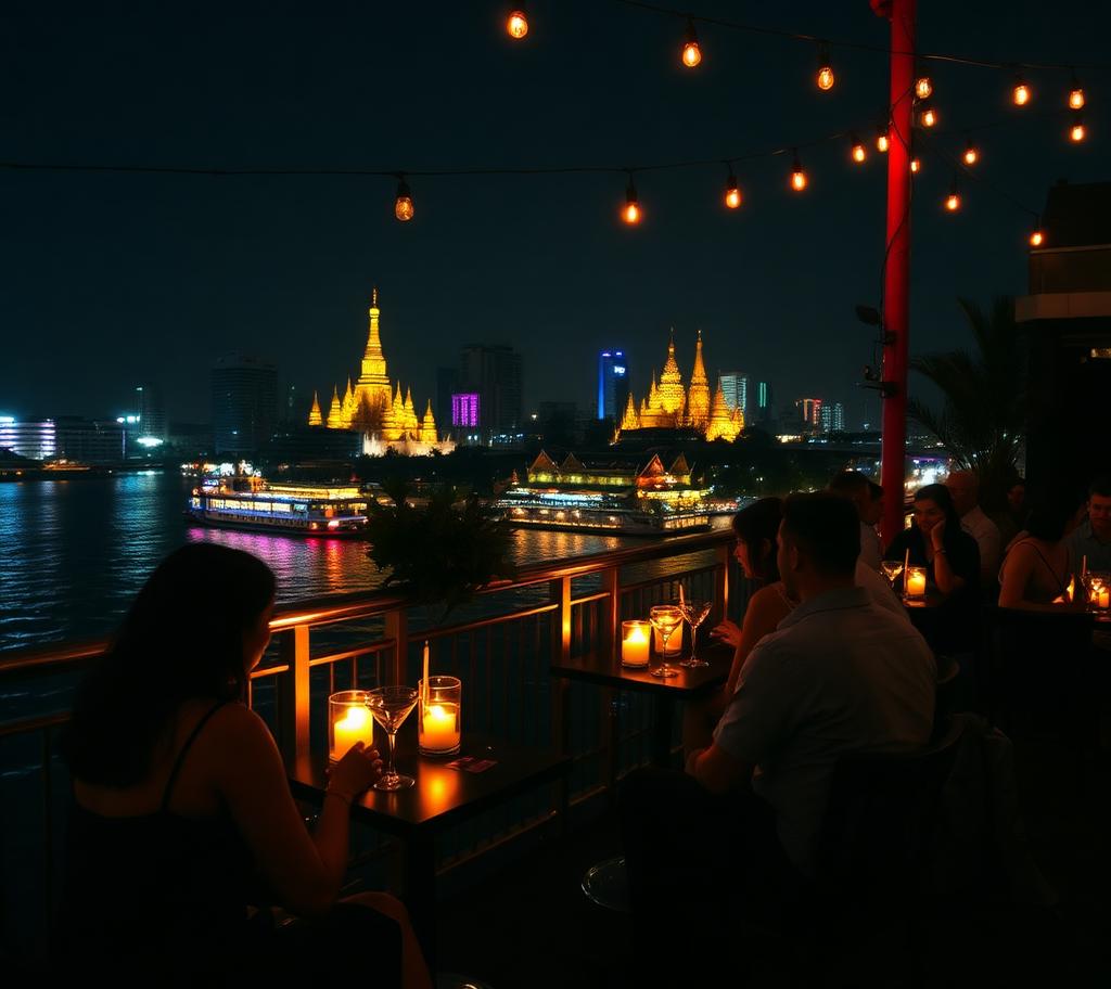 Drinkers on a candlelit riverside terrace with illuminated temples across the Chao Phraya