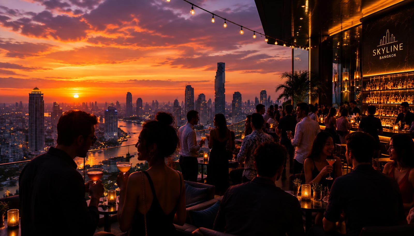 A crowded Bangkok rooftop bar at sunset during happy hour, cocktails on the tables and string lights overhead