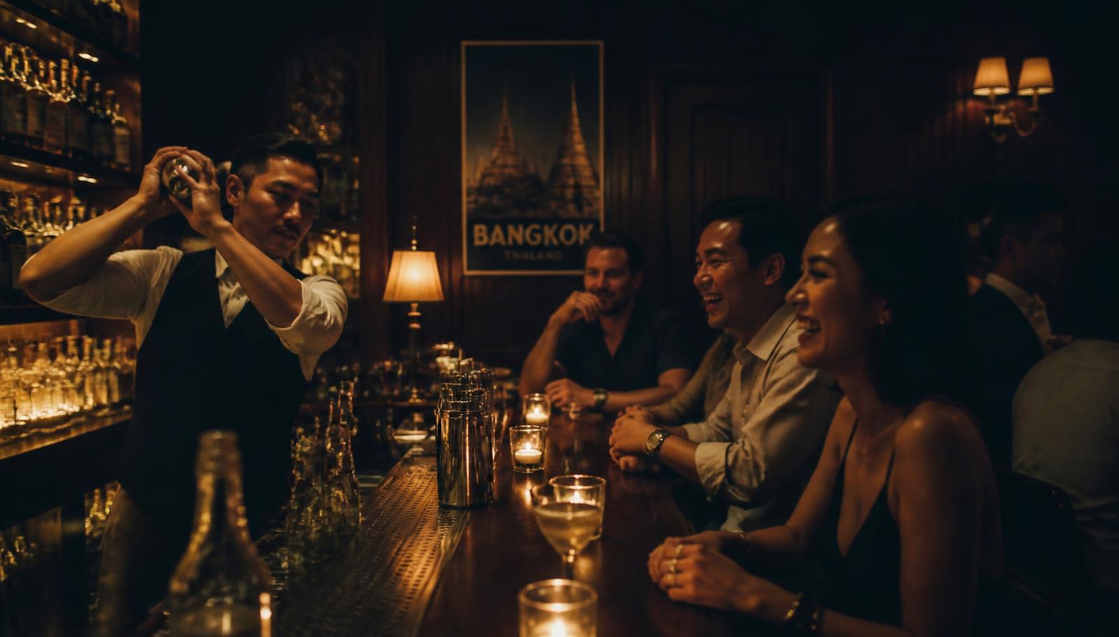 Bartender shaking a cocktail in a dark wood-panelled Bangkok speakeasy