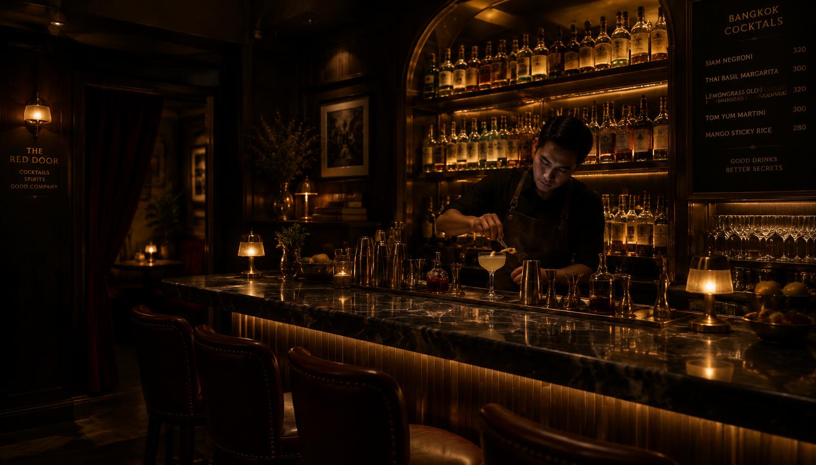 Interior of a hidden Bangkok speakeasy cocktail bar at night, warm low lighting over a marble counter