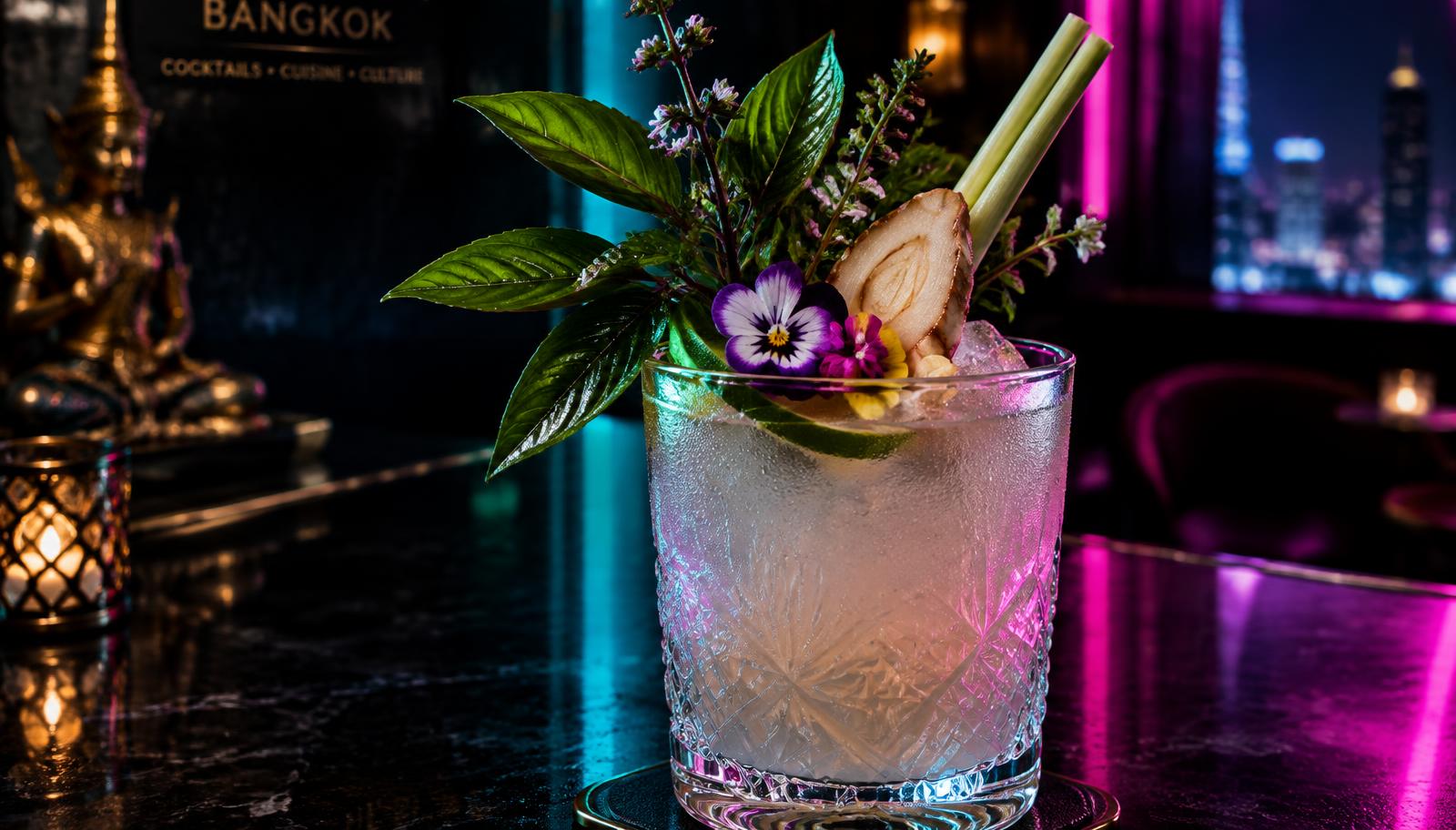 Macro close-up of a craft cocktail garnished with Thai basil, lemongrass and edible flowers